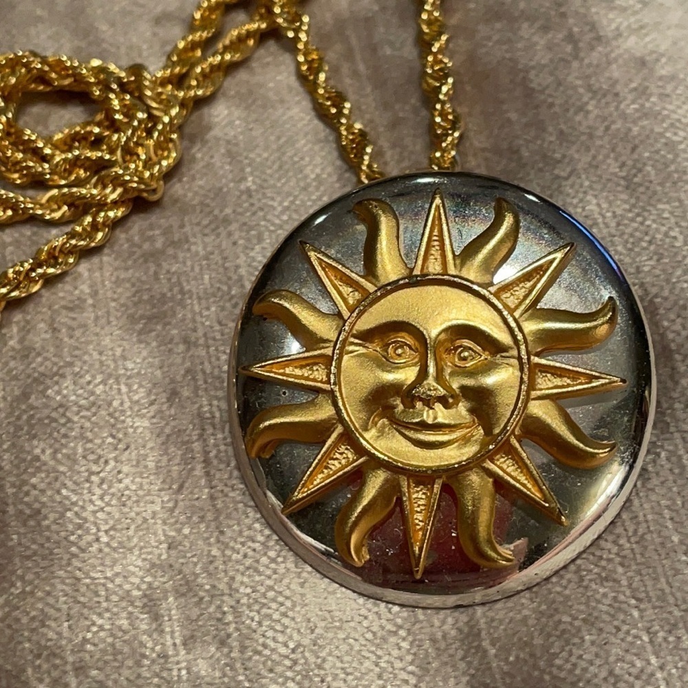 Gold and Silver Sunshine Pendant Necklace 26” or wear as brooch on a sweater